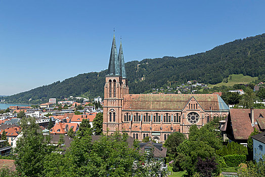 风景,塔,教区教堂,布雷根茨,心形,耶稣,康士坦茨湖,奥地利,欧洲