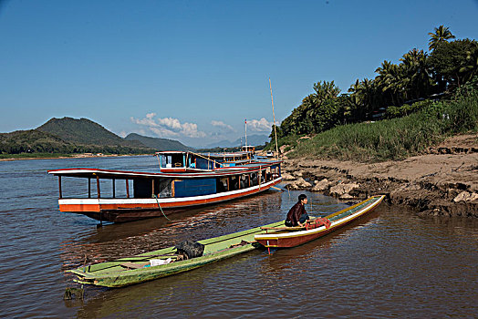 船,海岸线,湄公河,琅勃拉邦,老挝
