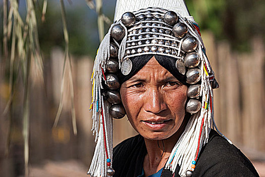 老,女人,部落,阿卡族,特色,头饰,头像,乡村,靠近,钳,掸邦,金三角,缅甸,亚洲