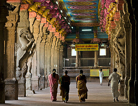 寺庙,大厅,明亮,涂绘,柱子,神话,生物,安曼,庙宇,马杜赖,泰米尔纳德邦,印度,亚洲