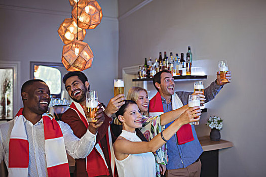 群体,朋友,祝酒,玻璃杯,啤酒,看,酒吧,餐馆
