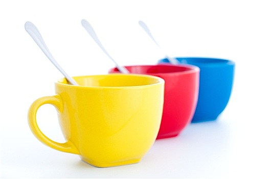 三个,彩色,茶杯,勺子