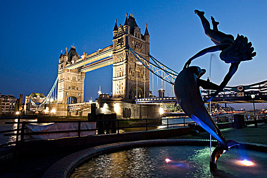女孩,海豚,雕塑,塔桥,伦敦,英格兰
