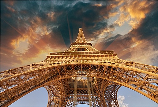 美女,风景,埃菲尔铁塔,巴黎,日落,彩色