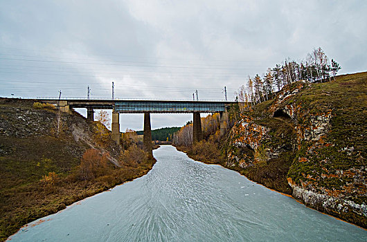 风景,铁路桥,上方,冰冻,河,俄罗斯