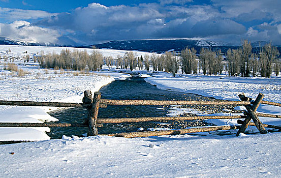 栅栏,积雪,风景,大台顿国家公园,怀俄明,美国