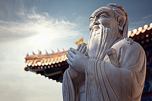 特寫,石像,孔子,塔,屋頂,背景