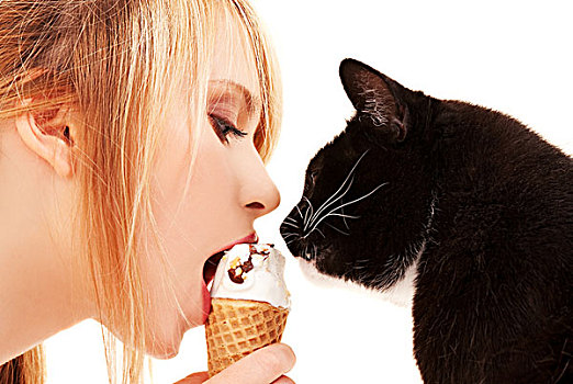 可爱,女孩,猫,冰淇淋
