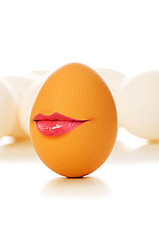 有趣,概念,红皮鸡蛋,白色背景,嘴唇