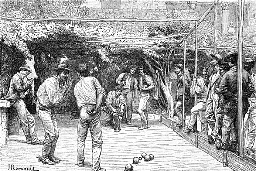 玩,室外地滚球,掷球游戏,罗马,意大利,1875年