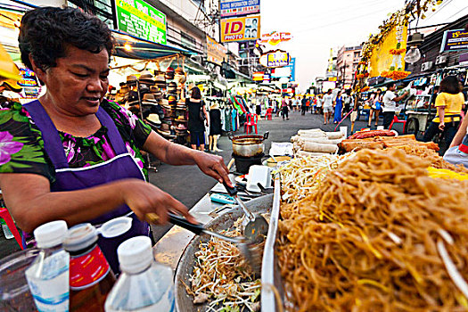 泰国,女士,街道,食物,餐饮摊,道路,曼谷
