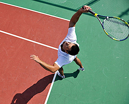 男青年,玩,网球,户外,橙色,网球场,早晨