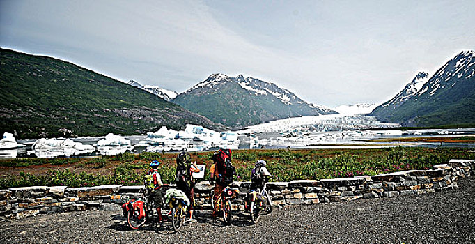 骑自行车,小路,冰河,楚加奇国家森林,肯奈半岛,阿拉斯加,夏天