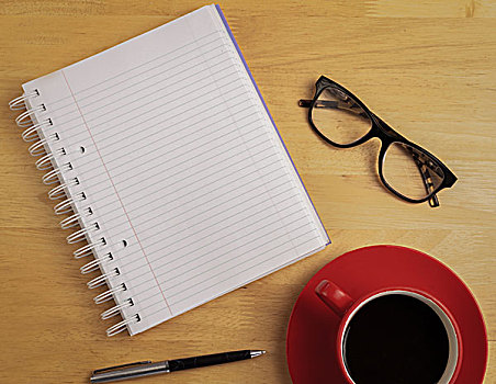 上方,笔记本,眼镜,笔,咖啡杯