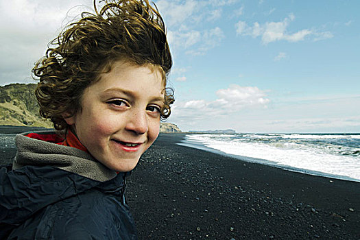 头像,男孩,微笑,海滩,冰岛