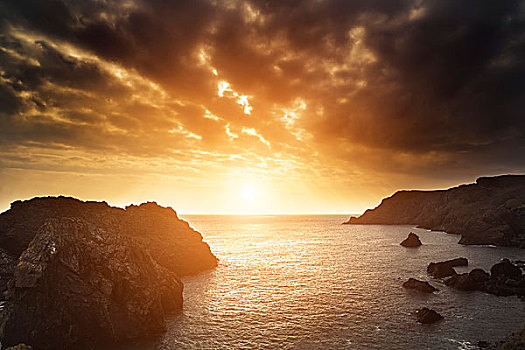 日落,风景,上方,岩石,小湾,向外看,海洋
