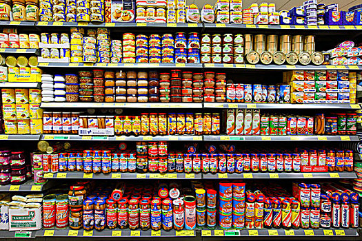 架子,肉,商品,罐,自助,食物,超市,德国,欧洲