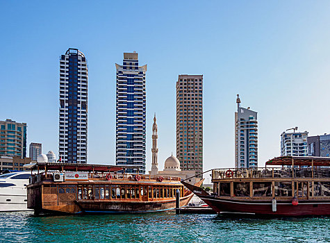 老,摩天大楼,清真寺,迪拜,码头,阿联酋,亚洲