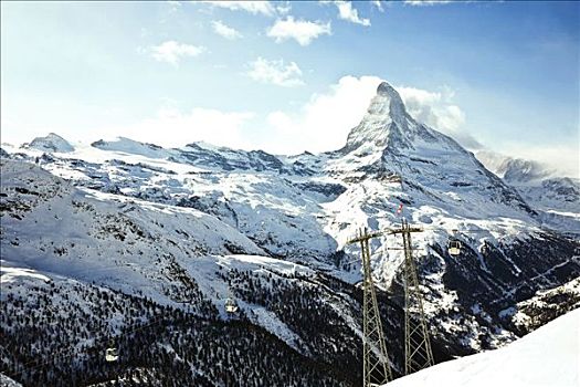 缆车,山峦,策马特峰,瑞士,俯视图