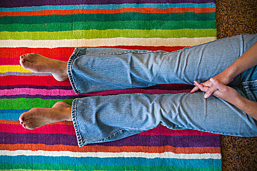 女人,牛仔裤,彩色,地毯