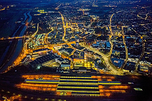 风景,哈姆,夜晚,中央车站,中心,鲁尔区,北莱茵威斯特伐利亚,德国