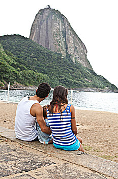 家庭,坐,墙壁,看,面包山,里约热内卢,巴西