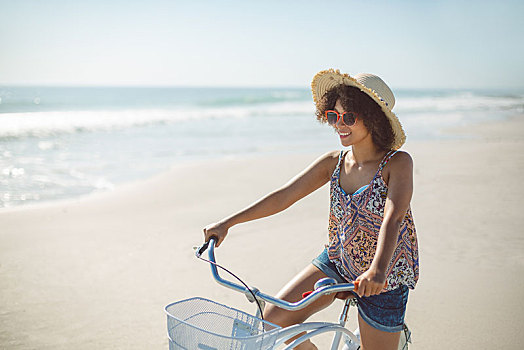 女人,自行车,海滩,晴天