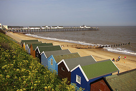 英格兰,风景,海滩小屋,码头