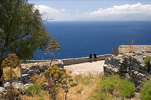 遗址,城堡,高处,中世纪,乡村,摩涅姆瓦西亚,拉科尼亚,伯罗奔尼撒半岛,希腊