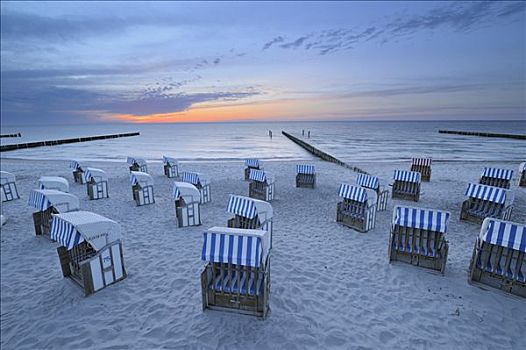 沙滩椅,海滩,日落,波罗的海,梅克伦堡州,德国