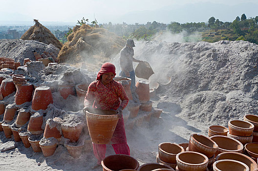 工人,整理,陶器,燃烧,加德满都,地区,尼泊尔,亚洲
