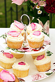 玫瑰花瓣,杯形蛋糕,点心架,装饰,玫瑰