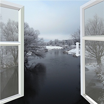 打开,窗户,冬天,河