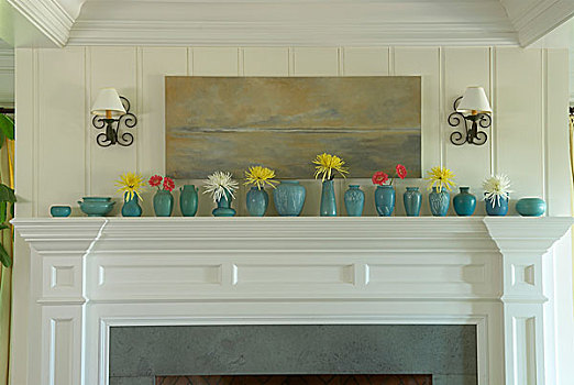 收集,蓝色,陶器,花瓶,花,白色背景,壁炉架