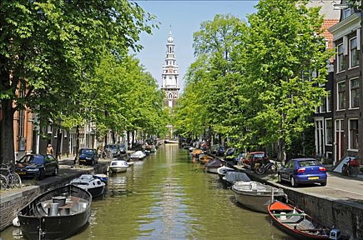 教堂,运河,船,阿姆斯特丹,荷兰,欧洲