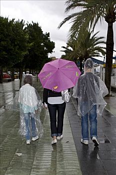女人,伞,雨,孩子,伊比沙岛,巴利阿里群岛,西班牙