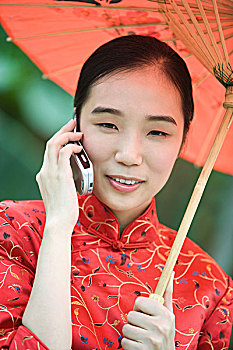 美女,衣服,传统,中国人,拿着,伞,手机