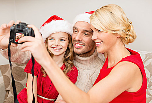 家庭,圣诞节,圣诞,高兴,人,概念,微笑,圣诞老人,帽子,照相,相机