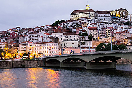 葡萄牙,可因布拉,老,河,桥,山坡,风景,大学,夜晚