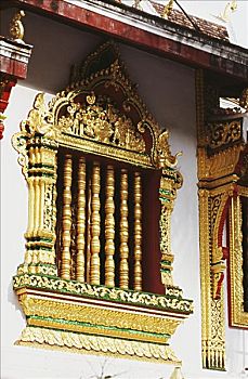 老挝,琅勃拉邦,雕刻,庙宇,窗户