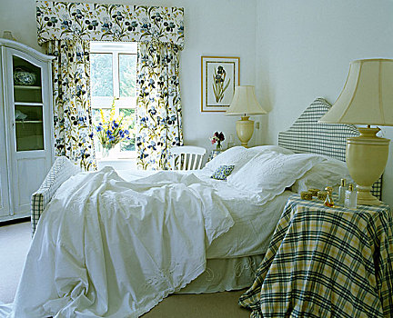卧室,白色,亚麻布,床,花,图案,帘