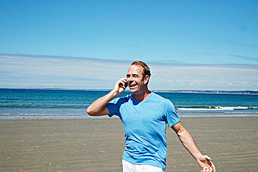 笑,男人,交谈,手机,电话,海滩