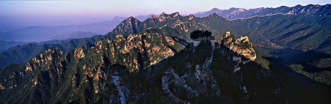 全景,长城,弯曲,山,中国