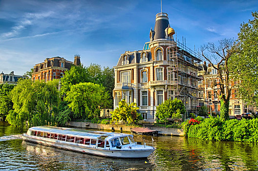 船,阿姆斯特河,靠近,美女,房子,阿姆斯特丹,荷兰