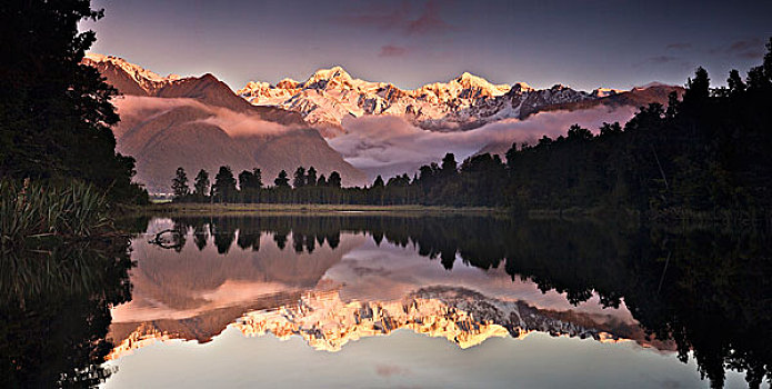 库克山,攀升,反射,湖,日落,靠近,福克斯冰川,新西兰