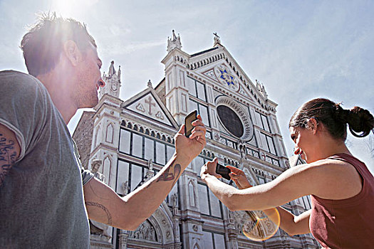 男人,女人,摄影,教堂,广场,佛罗伦萨,托斯卡纳,意大利