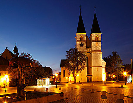 施梯夫教堂,教区教堂,喷泉,夜晚,市场,区域,中弗兰肯,德国,巴伐利亚,欧洲