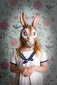 小女孩,戴着,兔子,面具