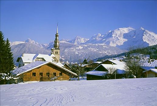 法国,上萨瓦省,冬天,教堂,木房子,勃朗峰