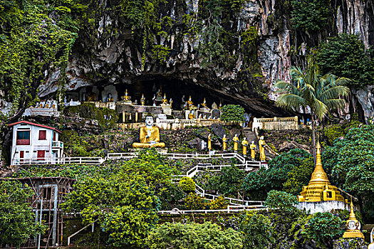 佛像,塔,洞穴,喀斯特地貌,山,靠近,克伦邦,缅甸,亚洲